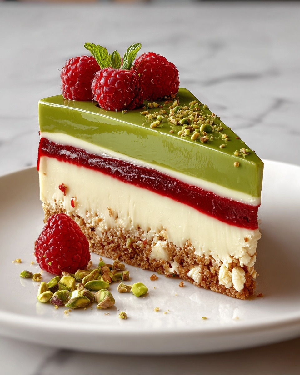 Elegant Pistachio Raspberry Crunch Cheesecake Recipe - Recipe Image