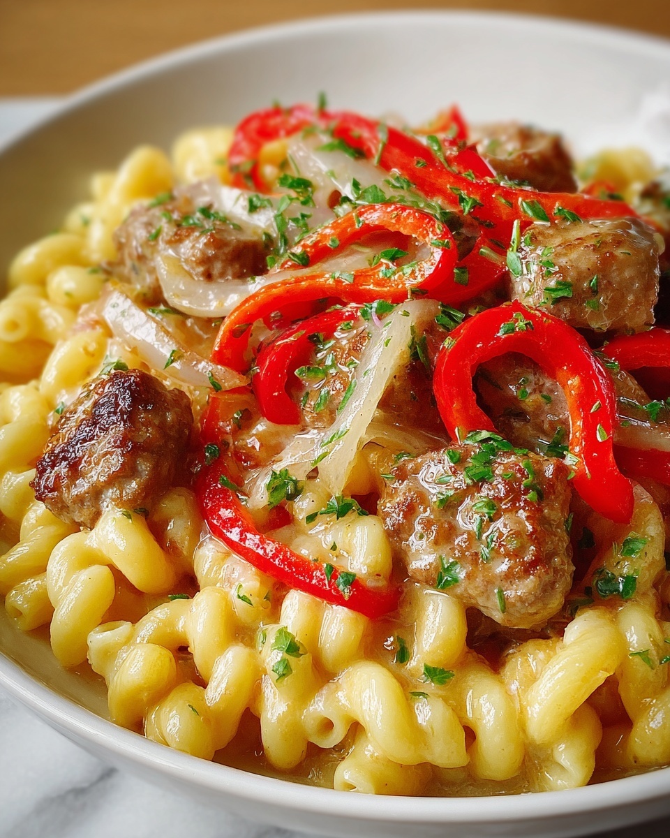 Easy Sausage Mac and Cheese with Peppers and Onions Recipe - Recipe Image