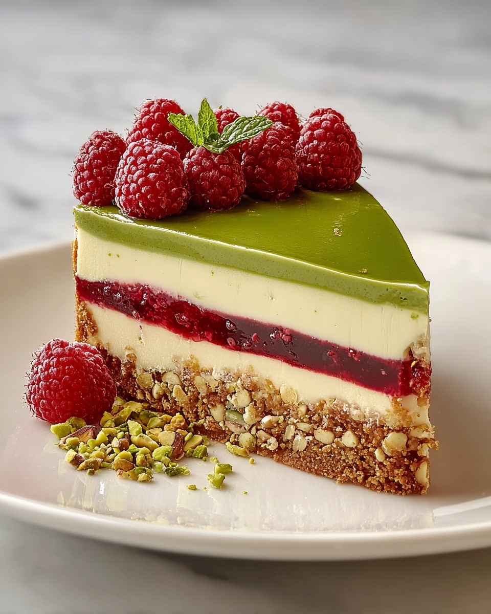 Elegant Pistachio Raspberry Crunch Cheesecake Recipe - Recipe Image